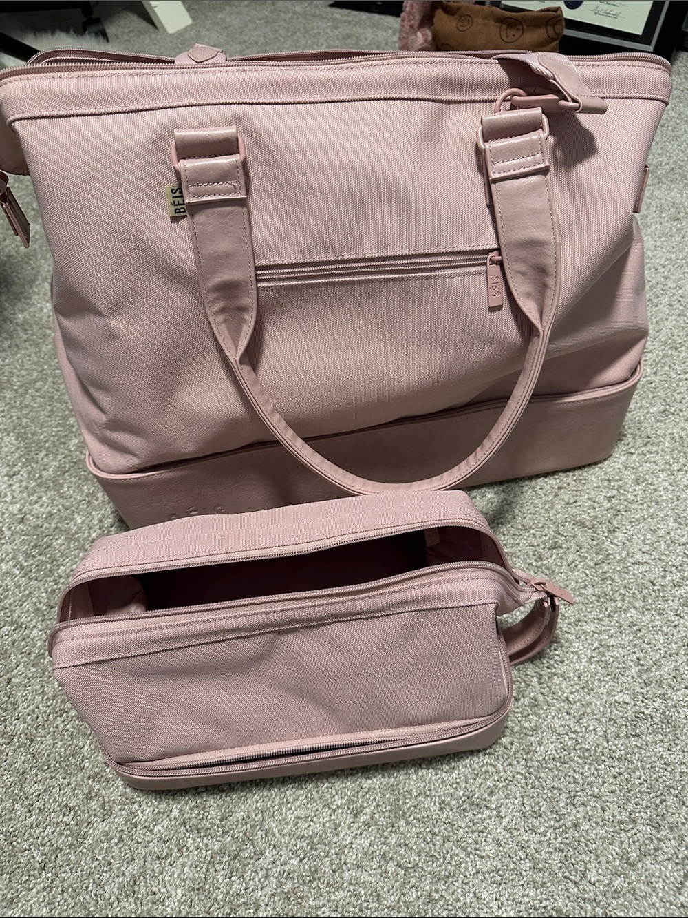 Beis Atlas Pink weekender and Dopp kit set. Women's Tote Bag with Matching Pouch